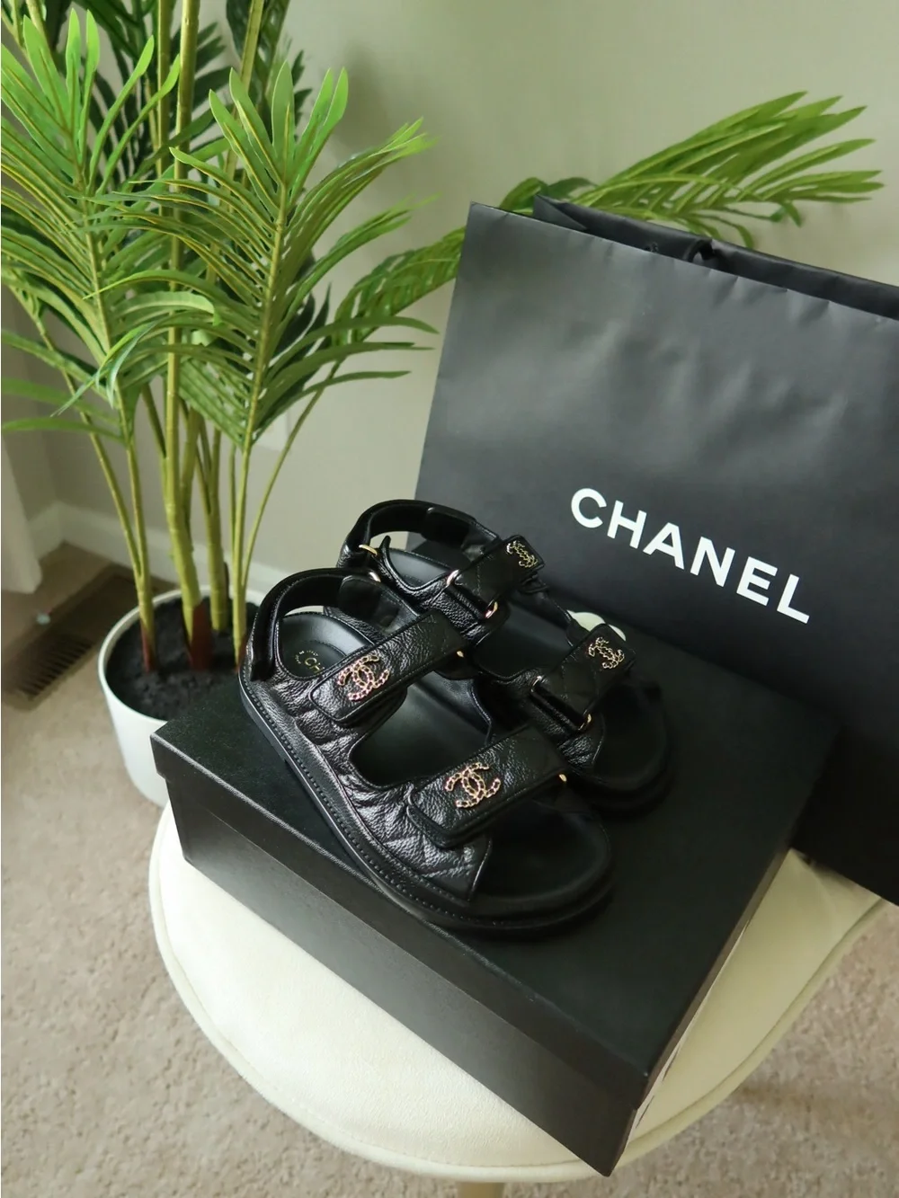 CHANEL Black Quilted Triple-Strap Logo Sandals